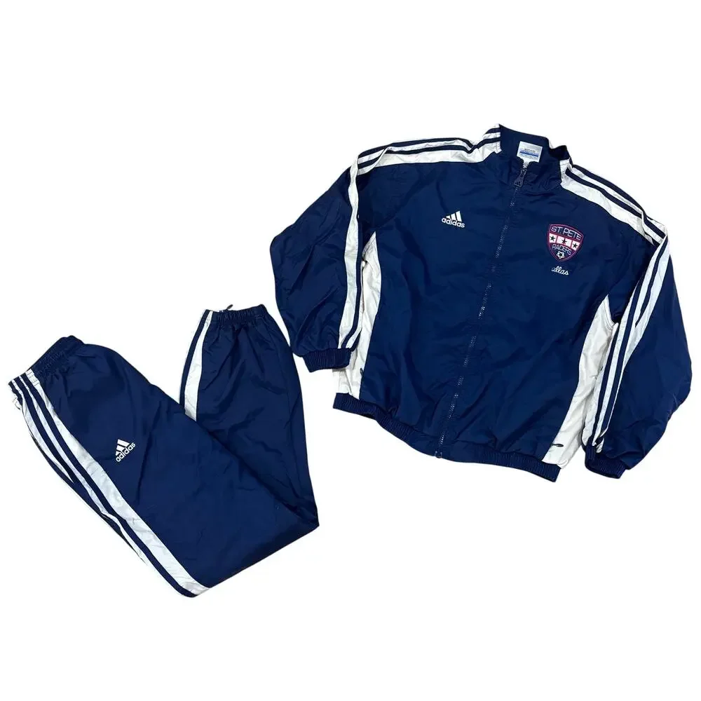 adidas Vintage Y2K Track Pants Jacket Set Blue White Stripe Youth Soccer Warmup